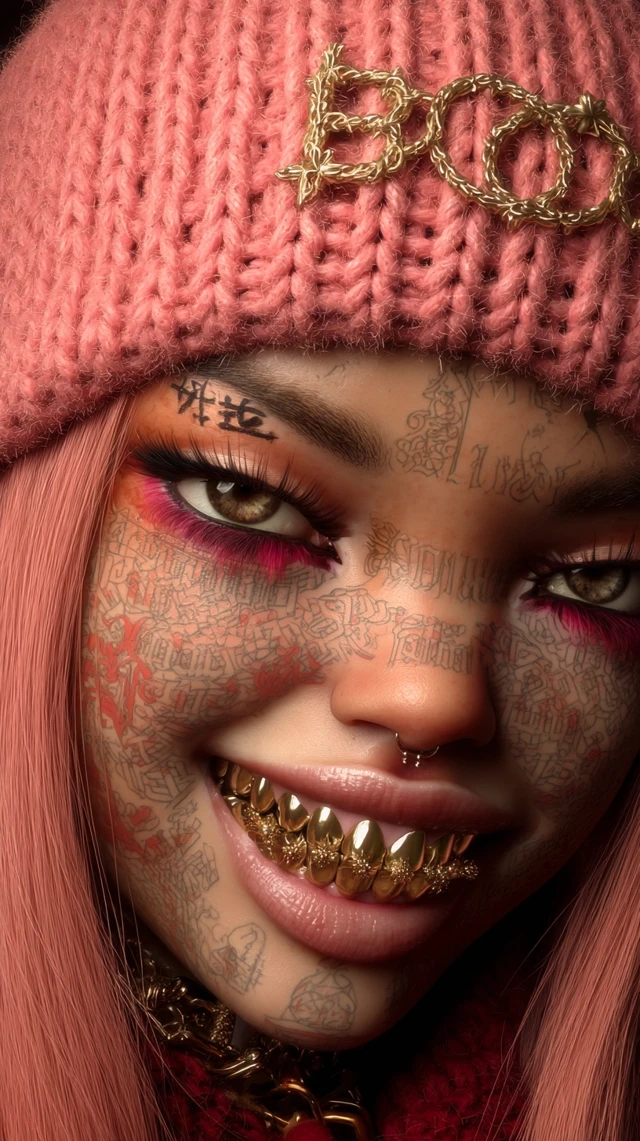 Pink Hair Girl with Golden Teeth Face Tattoo Crown