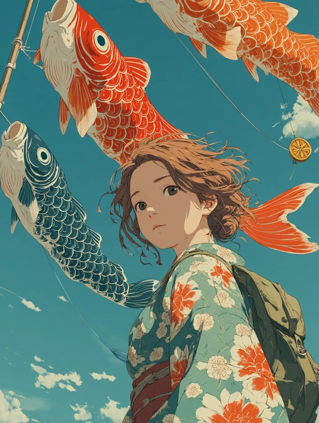 Anime Girl in Kimono with Koinobori