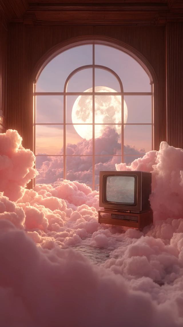Dreamlike Scene Vintage TV Moon Clouds