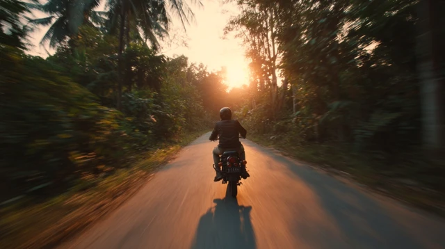 Motorcyclist Rides Into the Sunset Cinematic Shot
