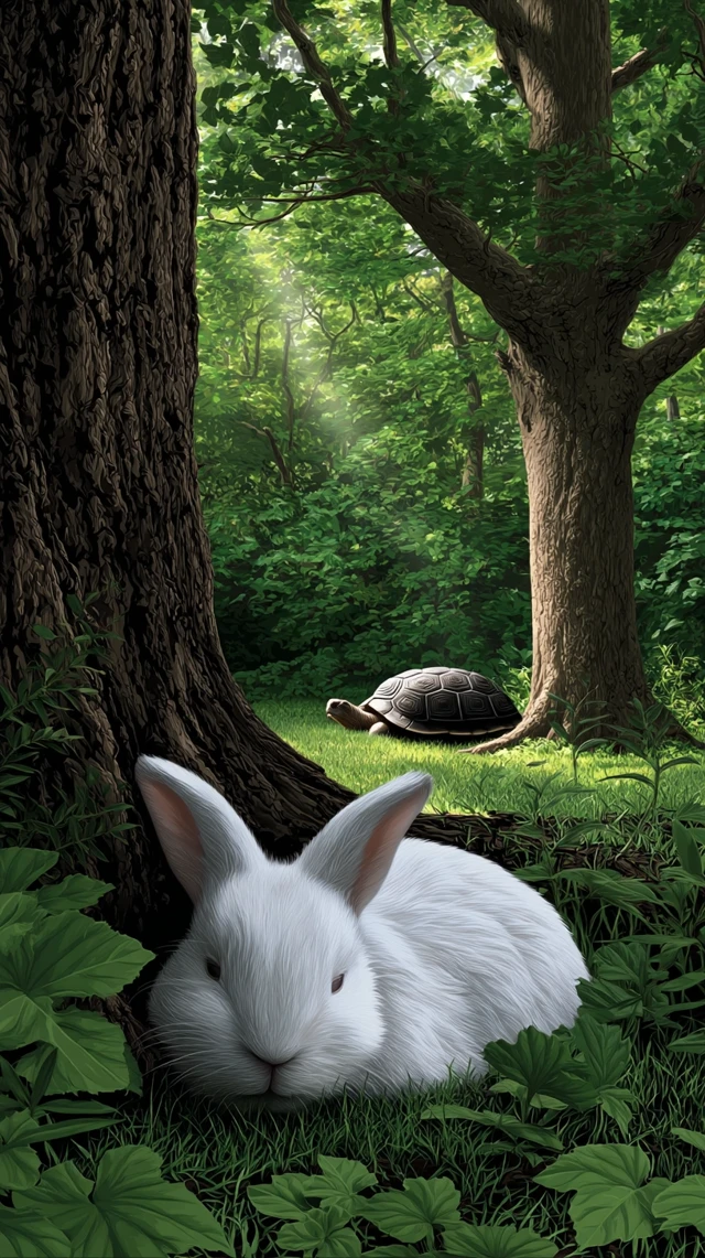 White Rabbit Sleeping Under Tree in Forest