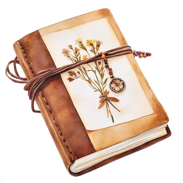Boho Style Leather Journal with Pressed Flowers Watercolour Art