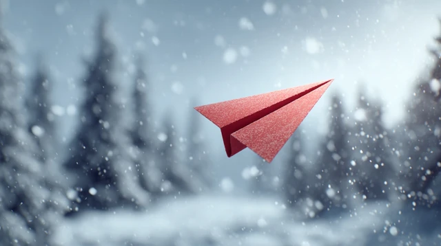 Red Paper Airplane Flying in Winter Wonderland