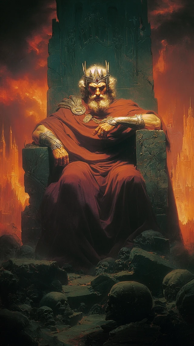 Bearded King on Stone Throne Dark Fantasy Art