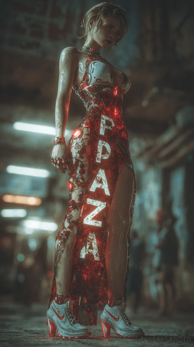 Cyberpunk Woman in Red Dress and Futuristic Heels