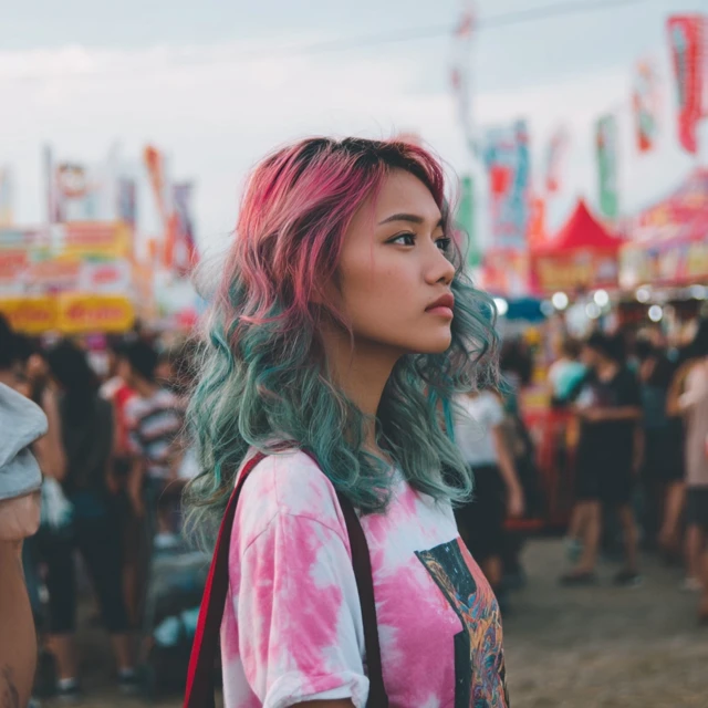 Asian Woman with Neon Hair in a Crowd