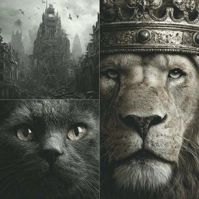 Apocalyptic Cat King Ruling Over Ruined City