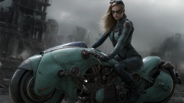 Dieselpunk Woman on Armored Bike Industrial Ruins