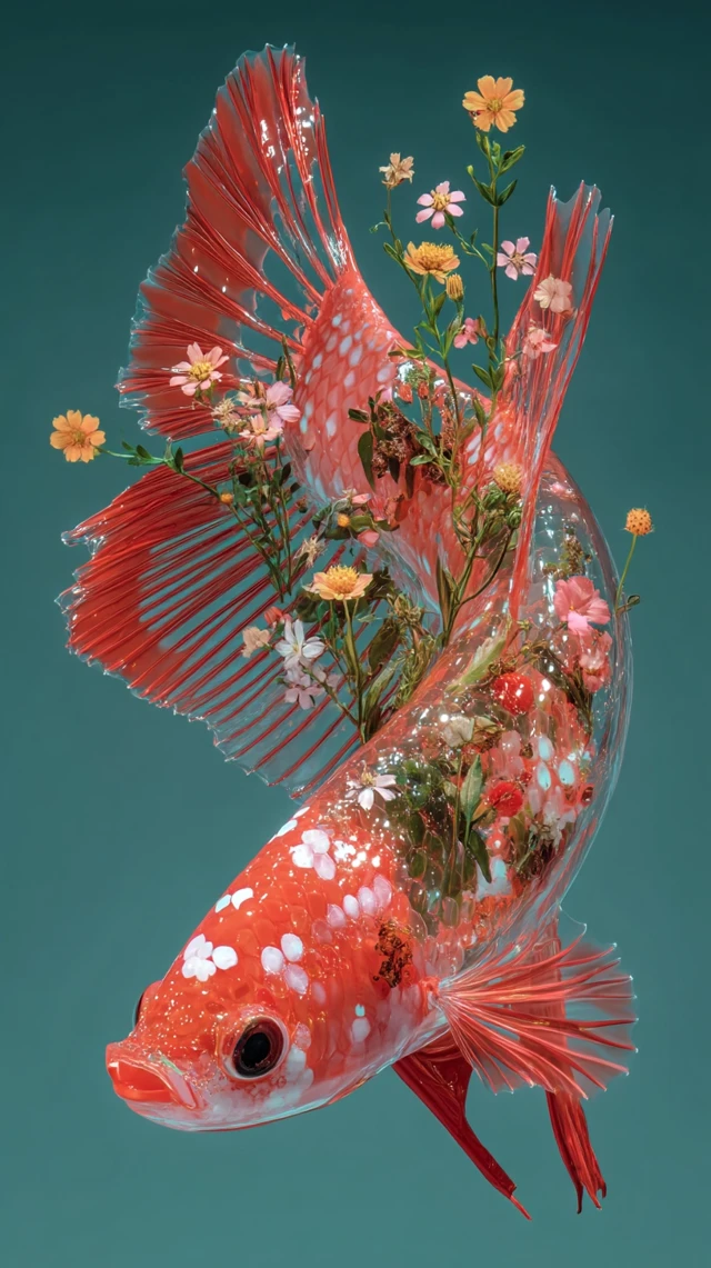Hyperrealistic Betta Fish Art with Dried Flowers