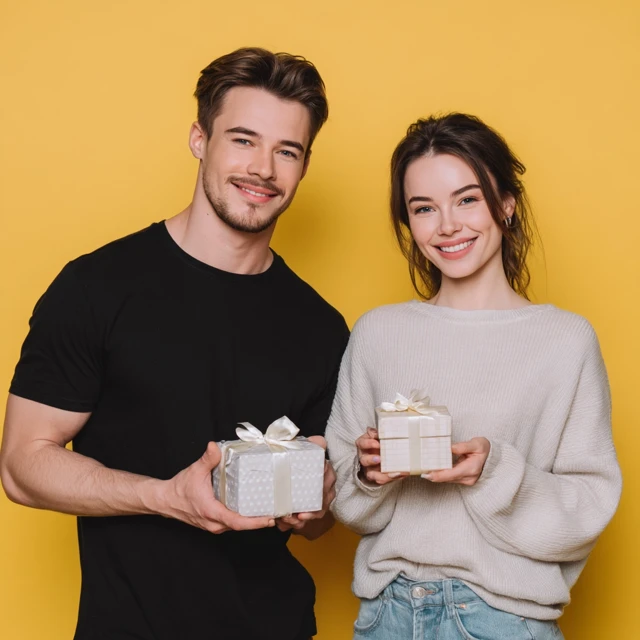 Happy Couple Giving Gifts Smiling Smiling