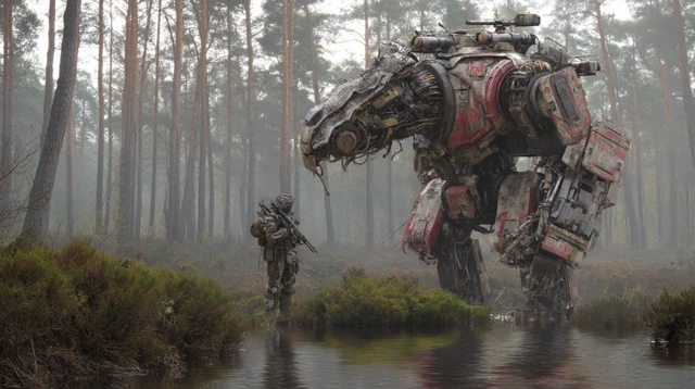 Mech and Creature Battle Photorealistic