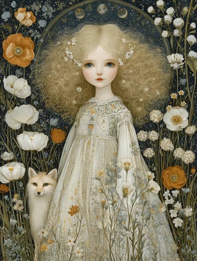 Art Nouveau Girl in Meadow with Fox Moonlight