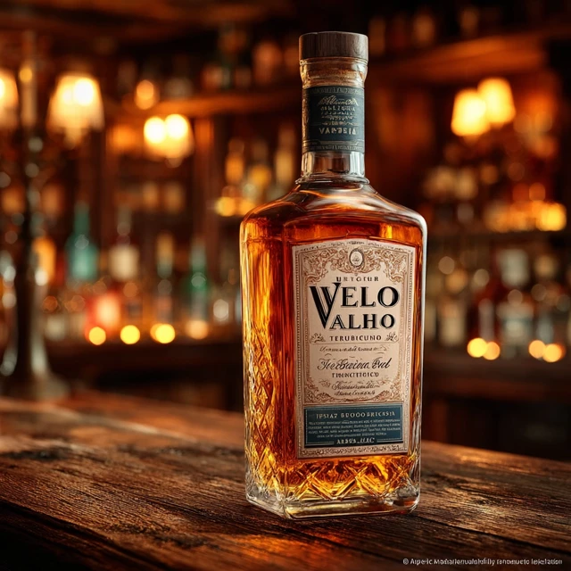 Velho Barreiro Cachaça Bottle in Rustic Bar Setting