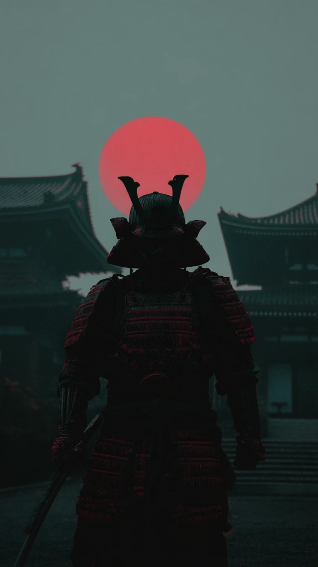 Futuristic Samurai at Burning Temple Red Moon Night