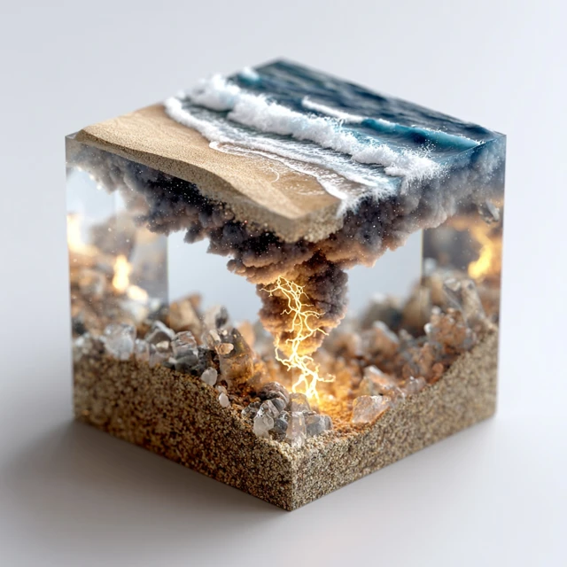 Tornado with Lightning in a Cube Ocean Waves and Sand