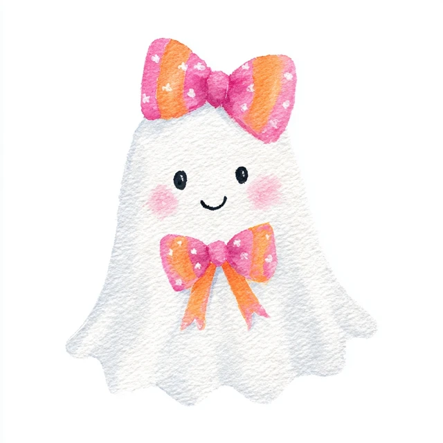 Cute Watercolor Ghost with Pink Bow Clipart