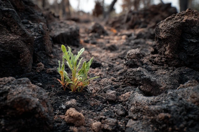 New Plant Growing Through Burnt Soil