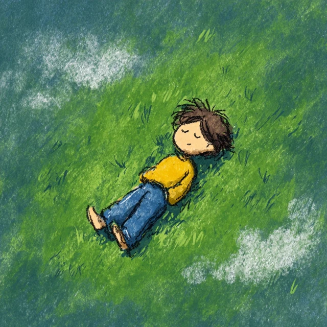 Boy Relaxing in Grass Cartoon Style Illustration