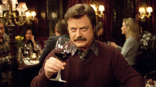 Ron Swanson Enjoying Wine at a Wine Bar Illustration