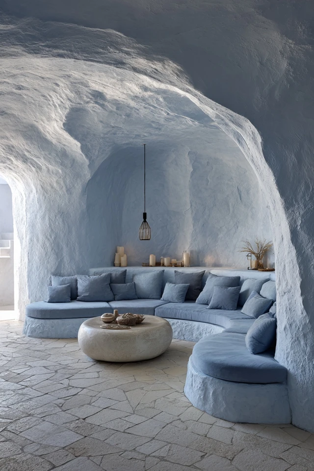 Japandi Living Room Design Sky Blue Sofa Vaulted Ceiling