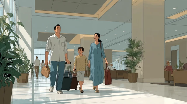 Indonesian Family in Hotel Lobby Illustration