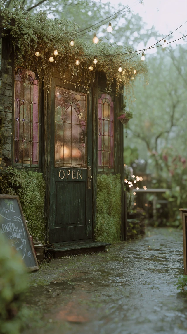Cozy Cafe in a Misty Forest Magical and Peaceful Scene