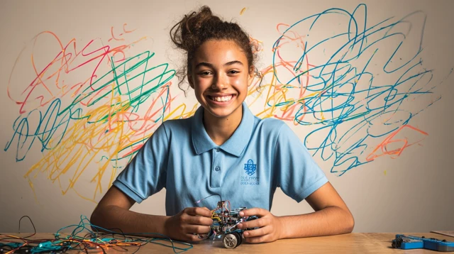 Young Inventor Girl Smiling With Robot