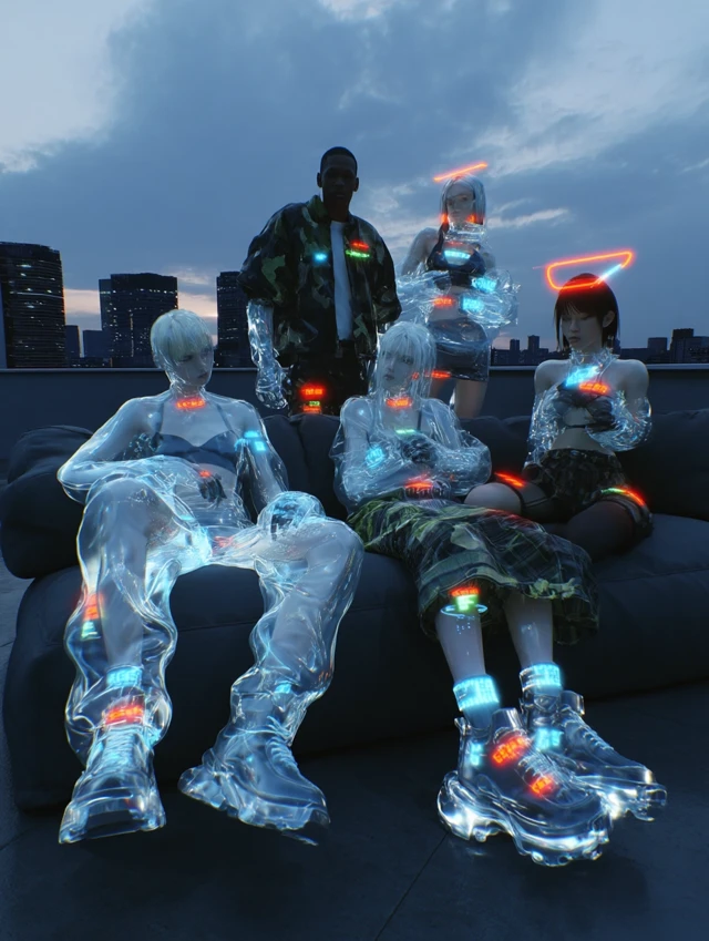 Cyberpunk Rooftop: Futuristic Youth in Neon City