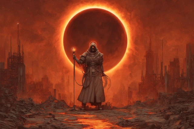 Machine Priest Beneath a Molten Eclipse