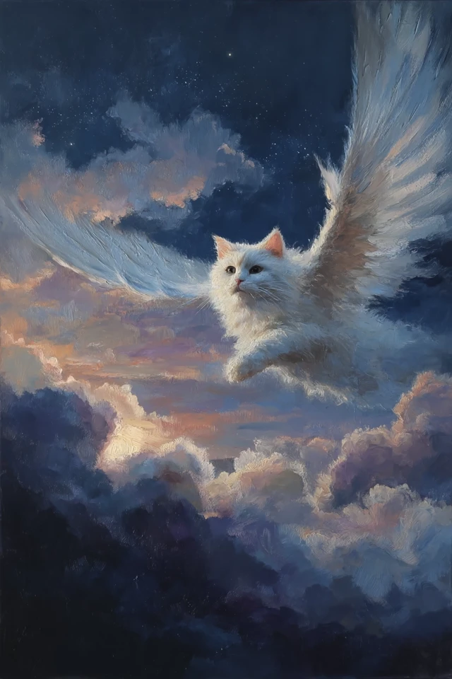 Angel Cat Painting Twilight Sky