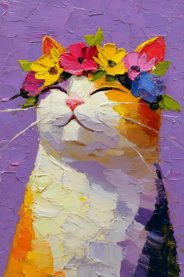 Cute Cat Oil Painting With Flower Wreath Smiling Face