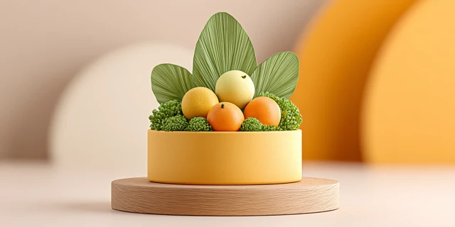 Abstract Wooden Table Garden with Citrus Fruits