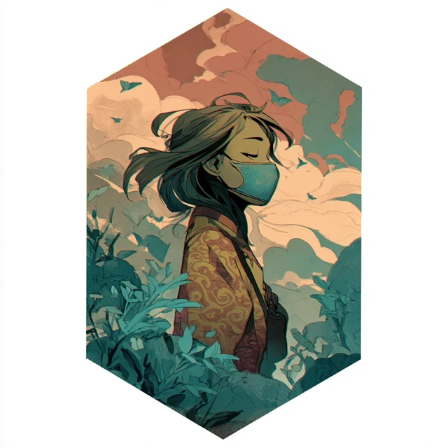 Cartoon Girl with Mask Box in Wilderness