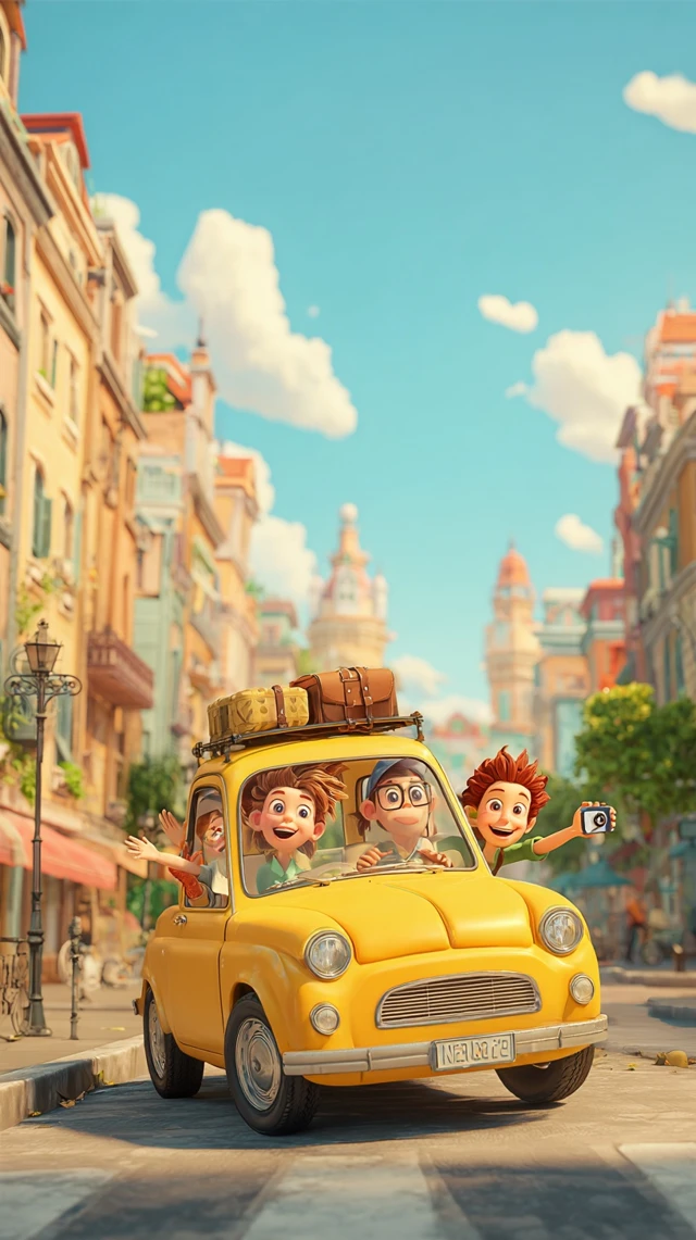 Pixar Style Children in a Yellow Car
