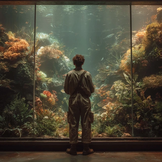 Man in Uniform Contemplating Aquarium Photography