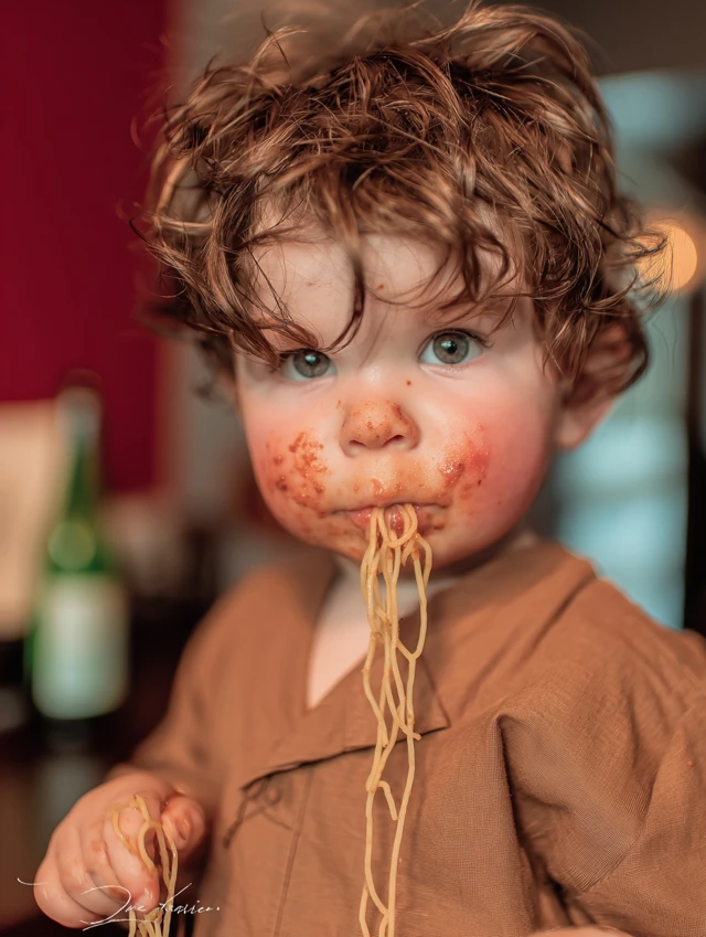 Chubby Baby Boy Spaghetti Food Critic Portrait