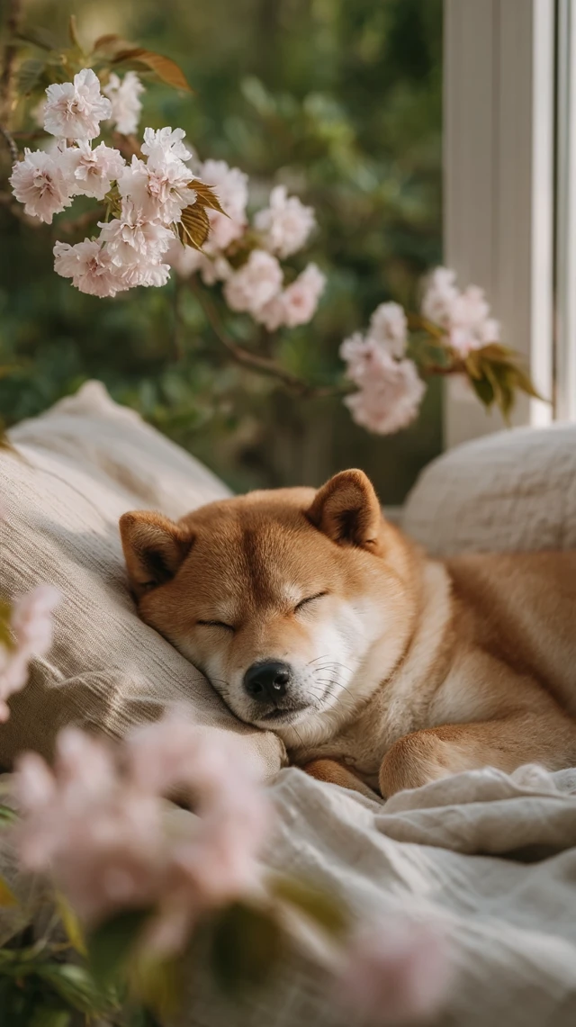 Sleeping Shiba Inu in Cherry Blossoms Serene Scene