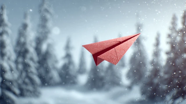 Red Paper Airplane Flying in Winter Wonderland