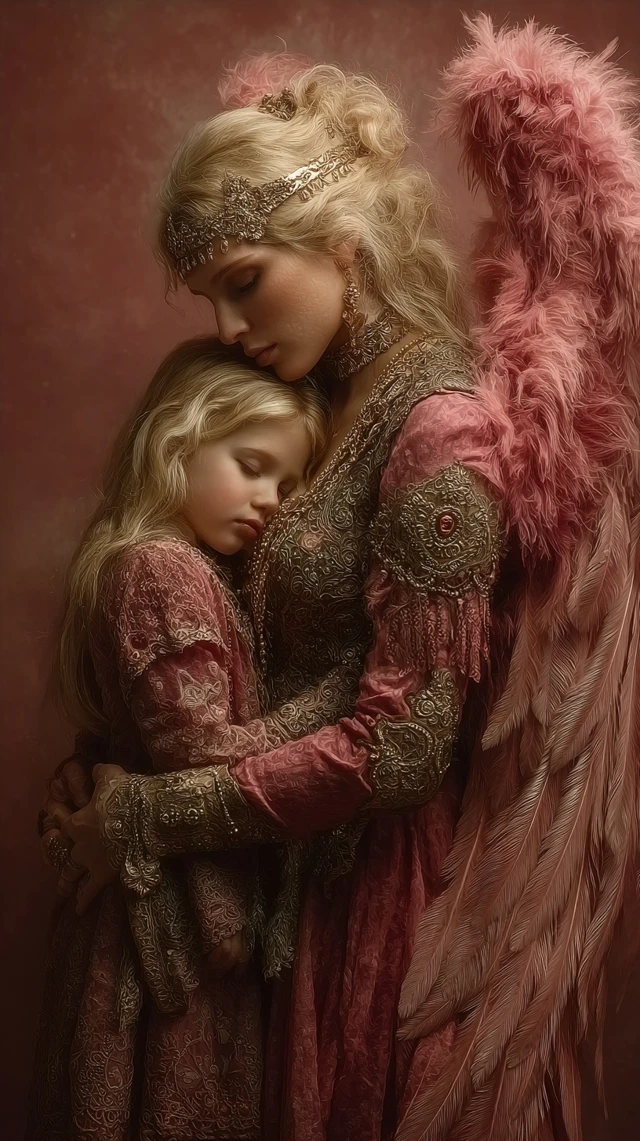 Angel Mother and Child Embracing Fantasy Art