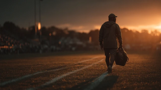 Soccer Coach Walking on Field at Sunset