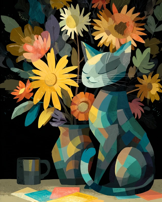 Abstract Cat Ikebana Japanese Flower Still Life