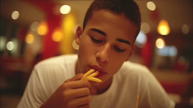 Teenager Enjoying French Fries in a Fast Food Restaurant