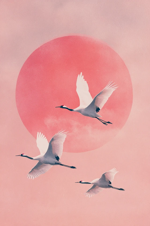 Japanese Crane Art Print Pink Sun Pastel Tones