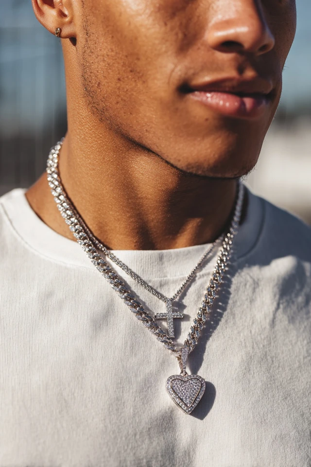 Man Wearing Diamond Chain Pendants Closeup Photo