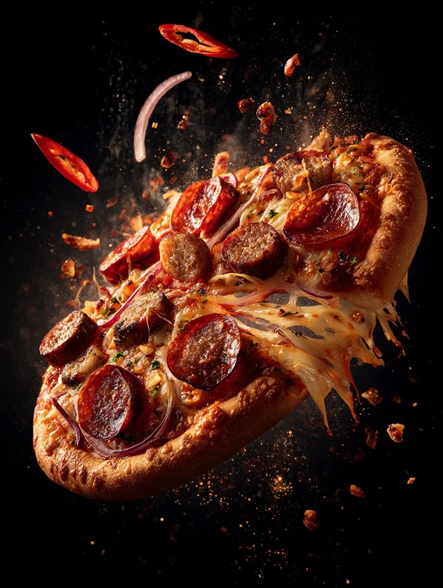 Delicious Pizza with Sausage and Chili Photography