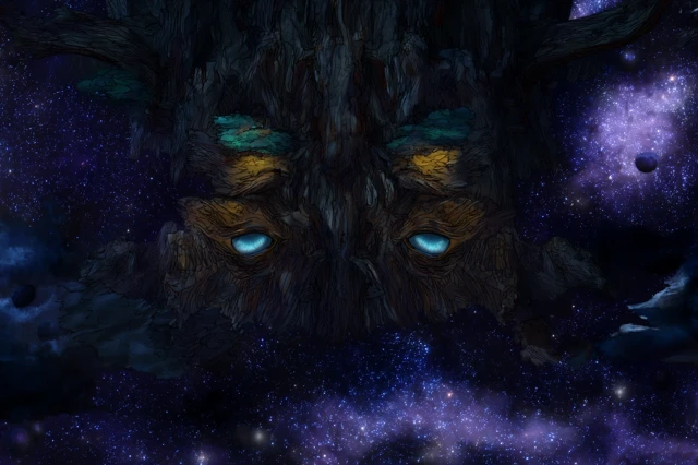 Giant Tree with Eyes in Space Fantasy Art