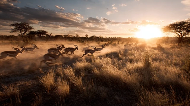 Savanna Sunrise: Antelopes Running Across the Plains
