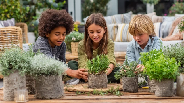 Children Arranging Plants Outdoor Living Space Design