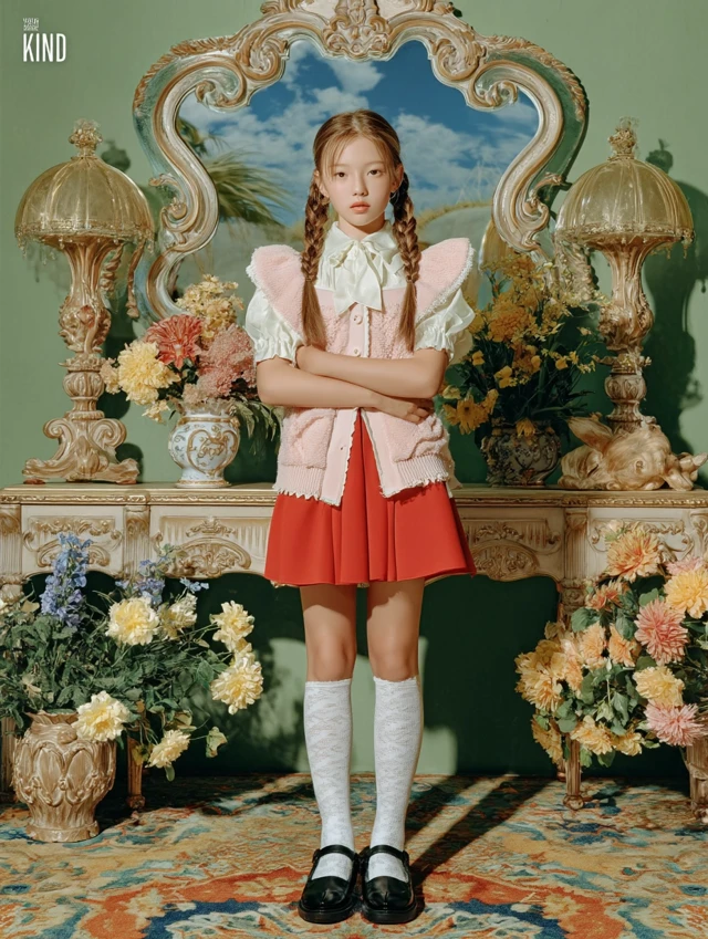 Cute Girl in Pink Dress Victorian Room Portrait