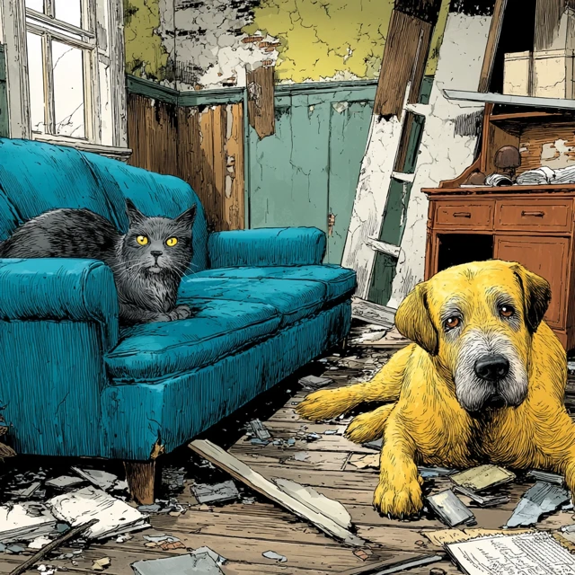 Cat and Dog on a Couch with a Messy Room